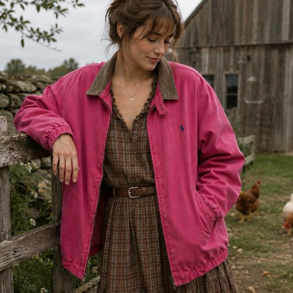 Polo Ralph Lauren Vintage Corduroy Collar Pink Harrington Barn Chore Coat L